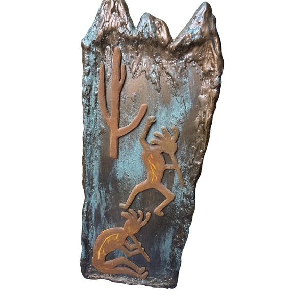 Signed Southwest Kokopelli Cactus Wall Hanging Art Bronze Patina Decor - Picture 1 of 5